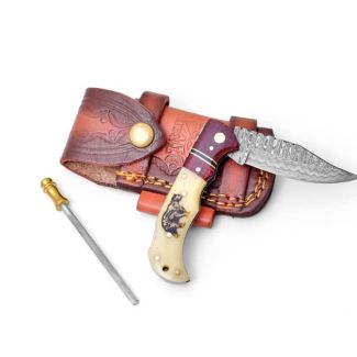 Bear Engraved Damascus Steel Folding Knife with Leather Sheath