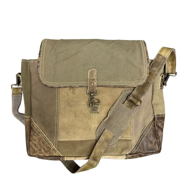 Vintage Leather and Recycled Military Tent Messenger Bag