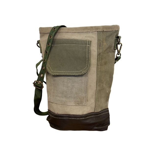 Recycled Military Tent Crossbody Bag with Leather Accent