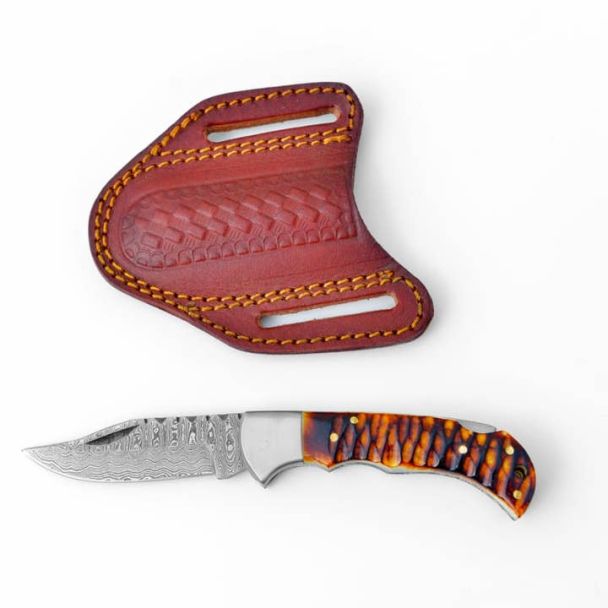 Stag Horn Style Damascus Folding Knife with Leather Sheath