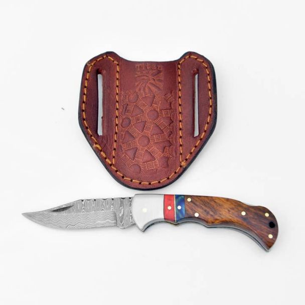 Damascus Steel Pocket Knife Limited Run Walnut Wood and Diam