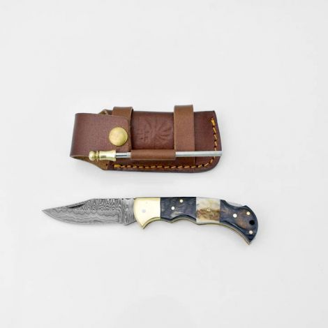 Damascus Steel Pocket Knife Limited Run Black Diamond Wood and Stag Horn