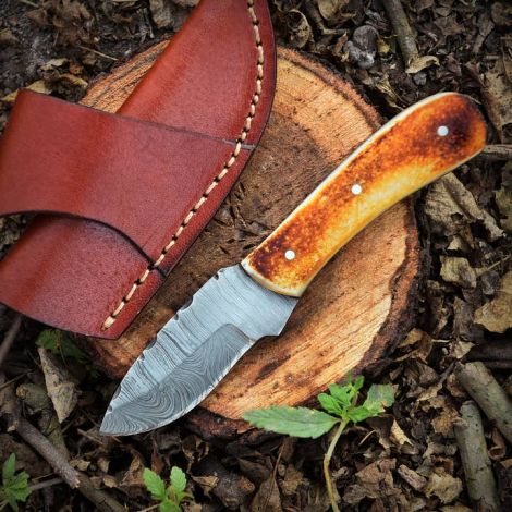 Handmade Damascus Steel Ranch Knife with Leather Sheath