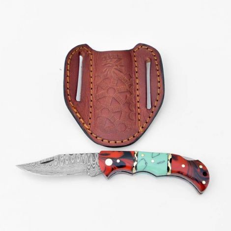 Damascus Steel Pocket Knife Limited Run Red & Blue Resin