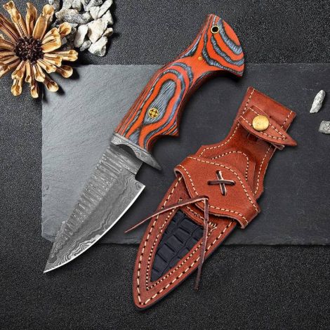 10" Handmade Damascus Steel Knife with Leather Sheath